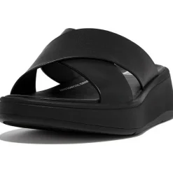F-Mode Leather Flatform Cross slippers dames all  black*Fitflop Discount