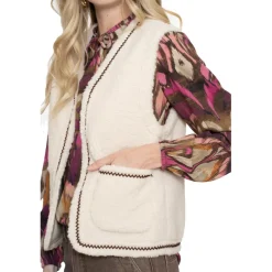 Teddy Embroidery vest dames off white tape dark brown zigzag*Geisha Outlet